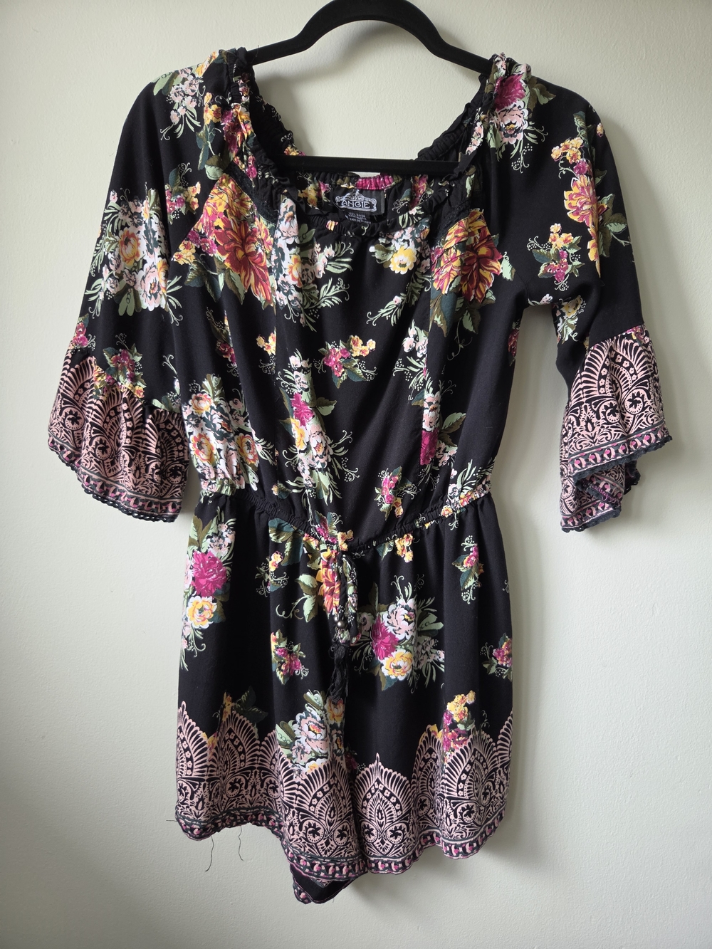 Boho Floral Black Romper Dress - Elastic Waist, Short Sleeve